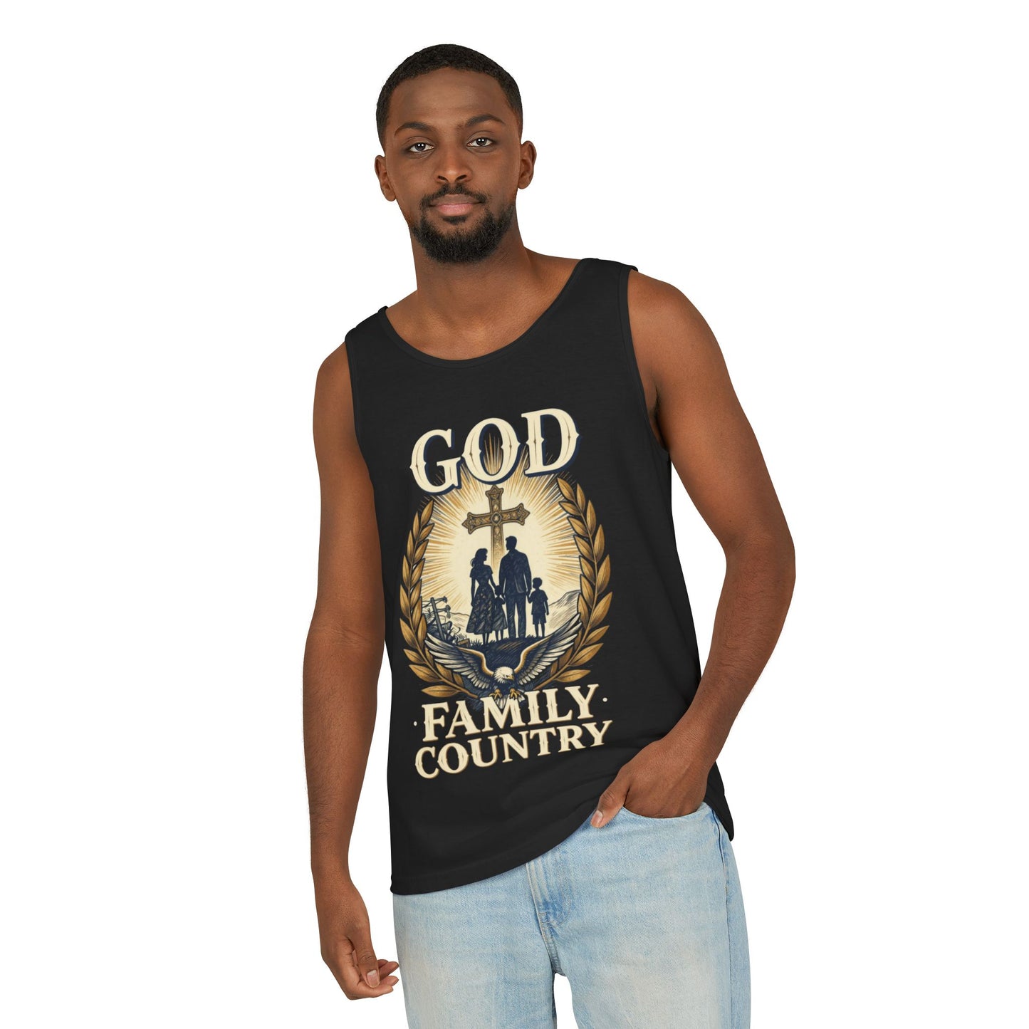 Tank Top — God Family Country Cross Silhouette Patriotic Faith Tee