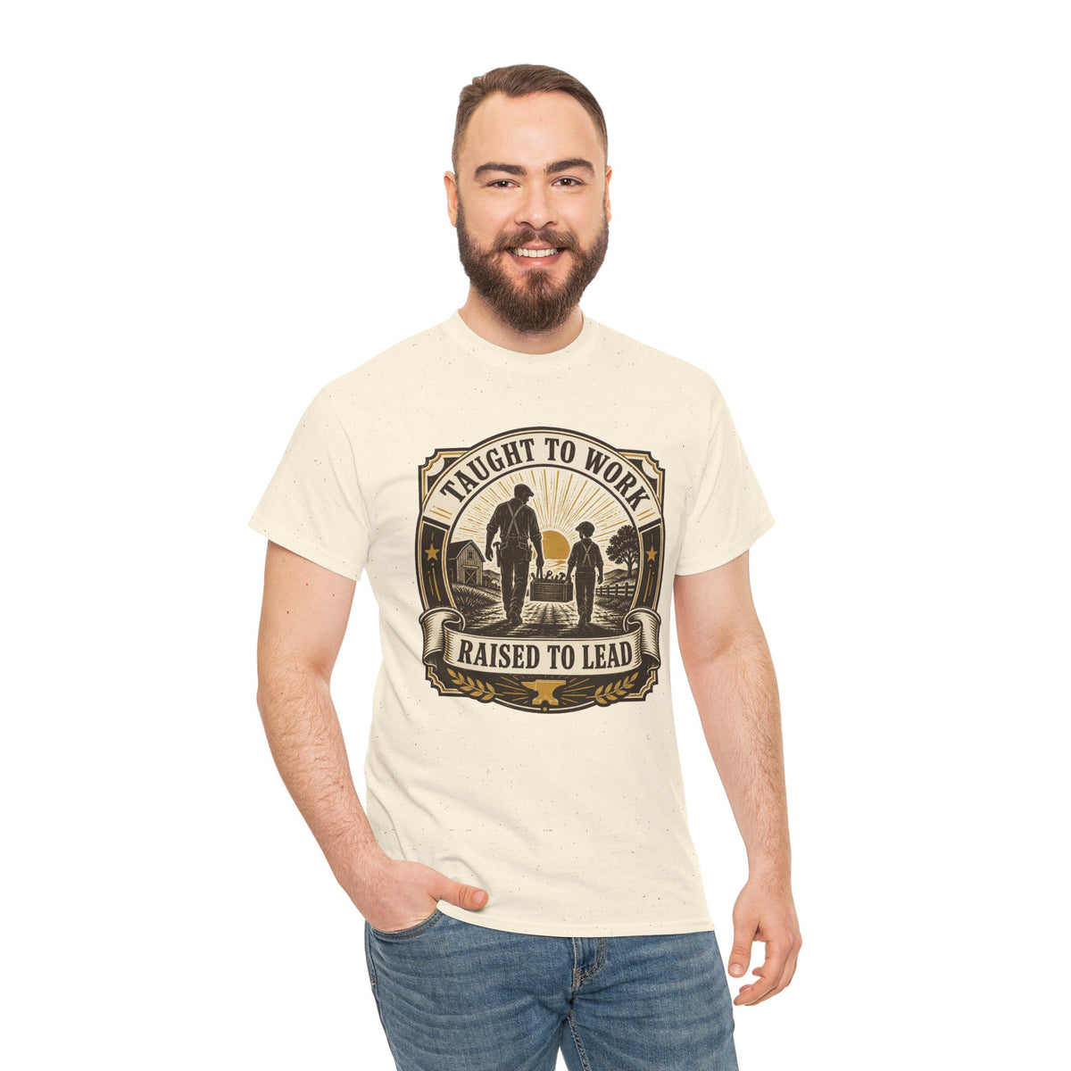 T-Shirt — "Taught to Work, Raised to Lead" Vintage Farming Dad Tee