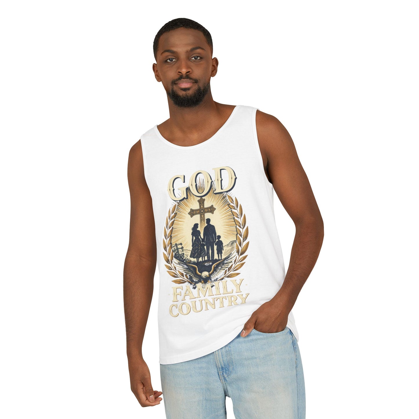 Tank Top — God Family Country Cross Silhouette Patriotic Faith Tee
