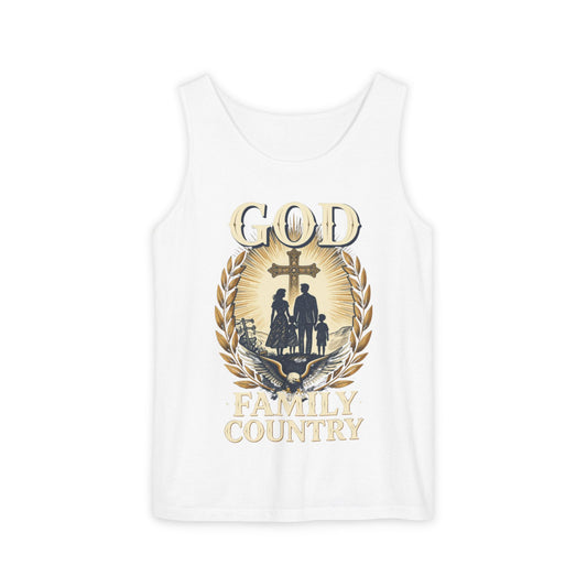 Tank Top — God Family Country Cross Silhouette Patriotic Faith Tee