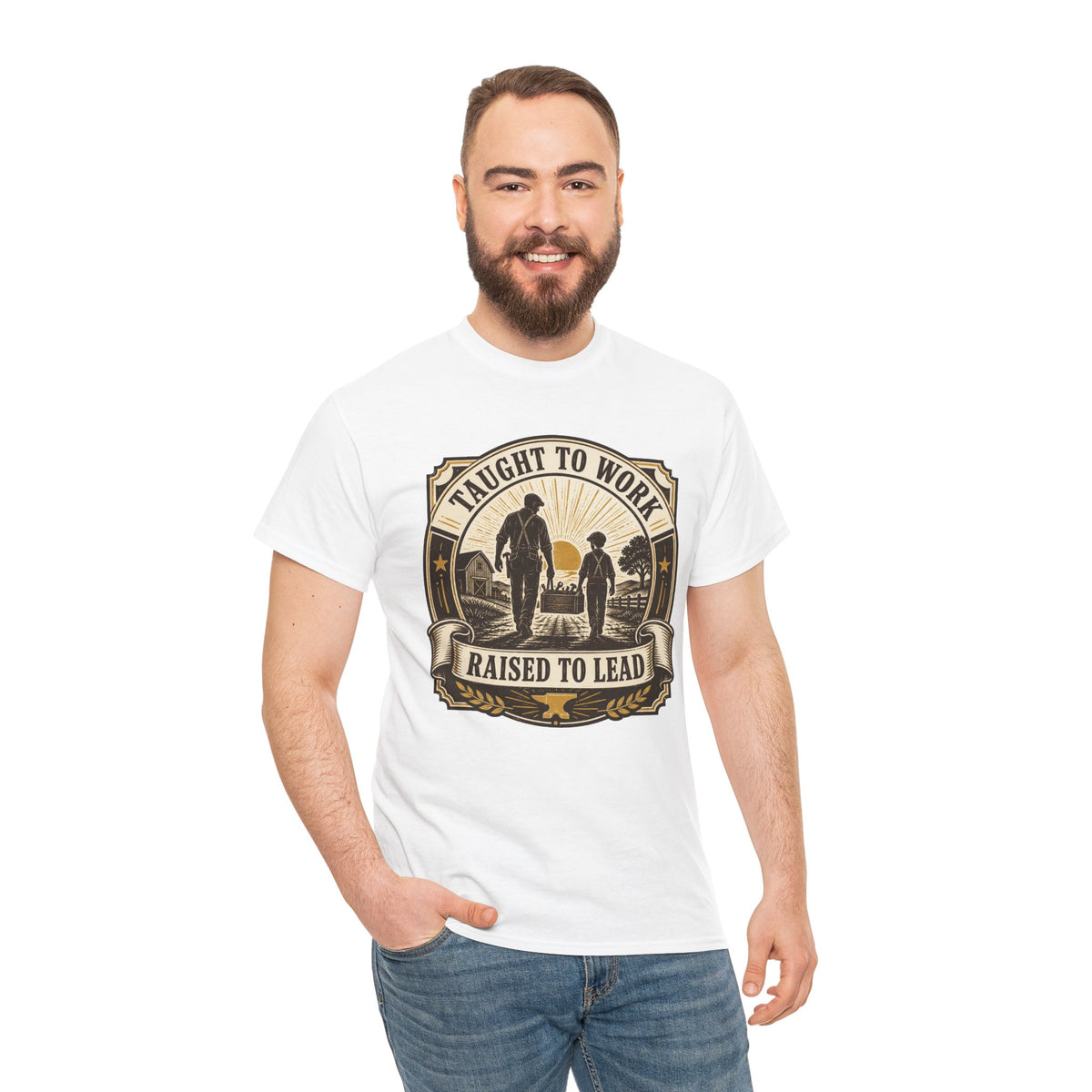 T-Shirt — "Taught to Work, Raised to Lead" Vintage Farming Dad Tee