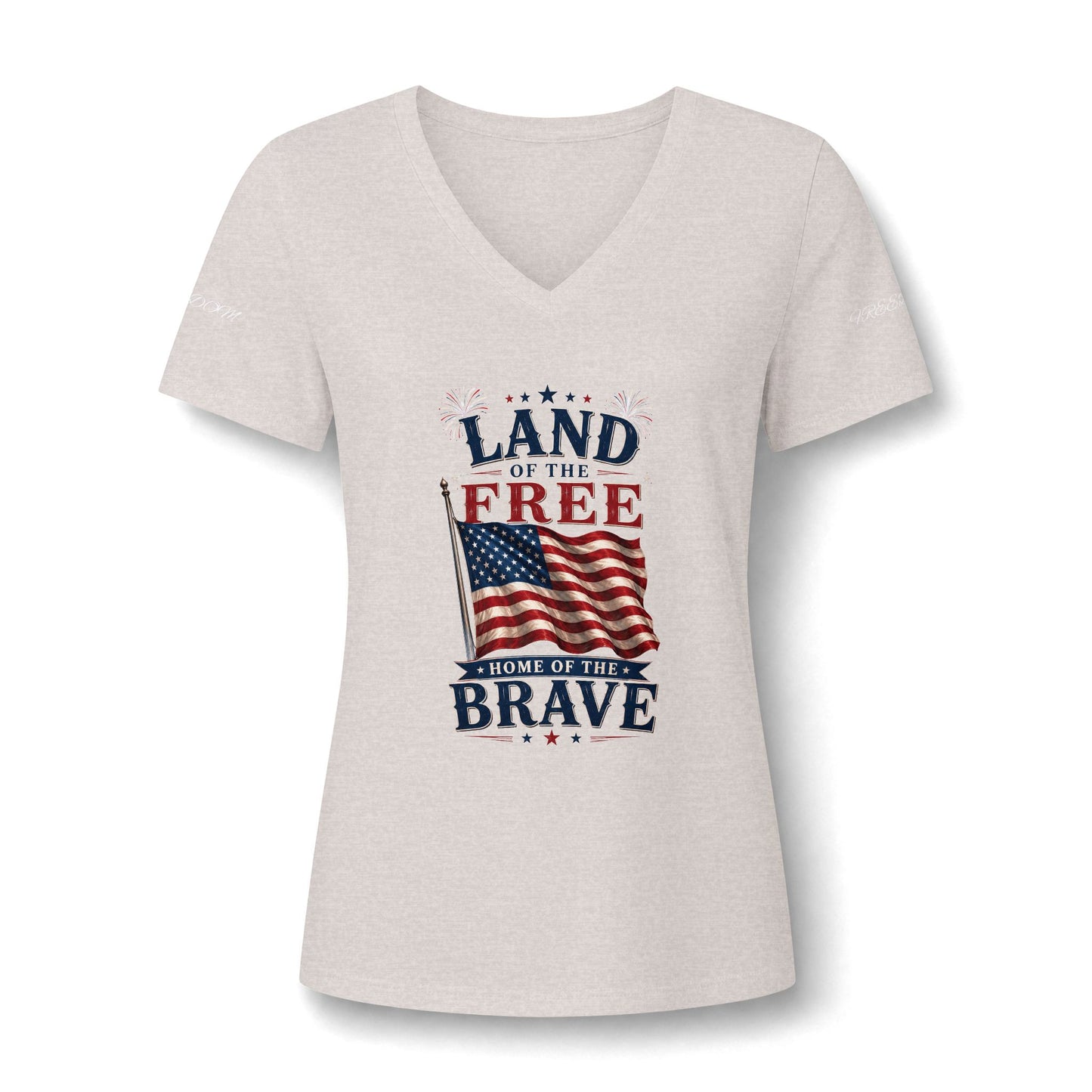 Patriotic V-Neck Tee - "Land of the Free, Home of the Brave" American Flag Shirt