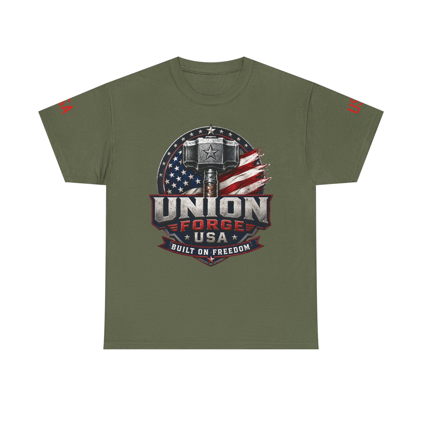 Patriotic Union Forge Tee — "Built on Freedom" USA Graphic T-Shirt