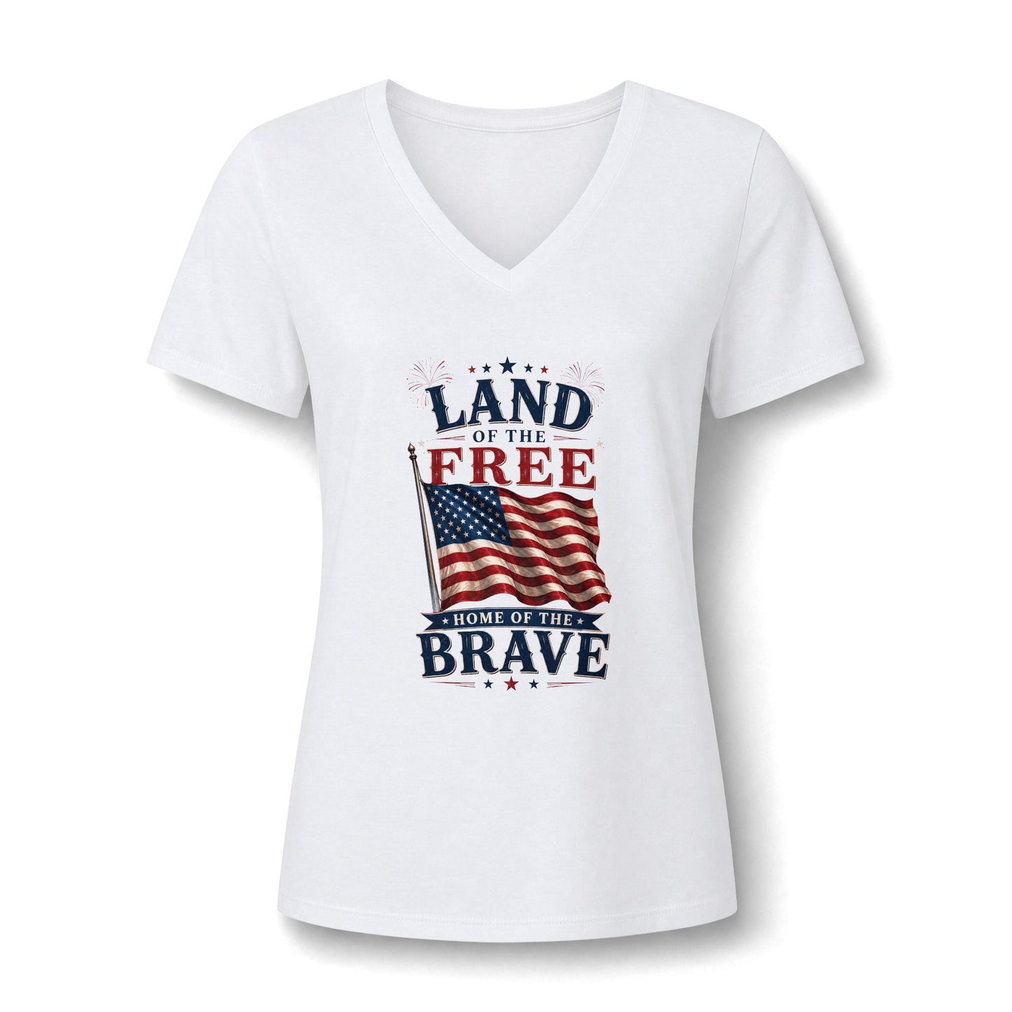 Patriotic V-Neck Tee - "Land of the Free, Home of the Brave" American Flag Shirt