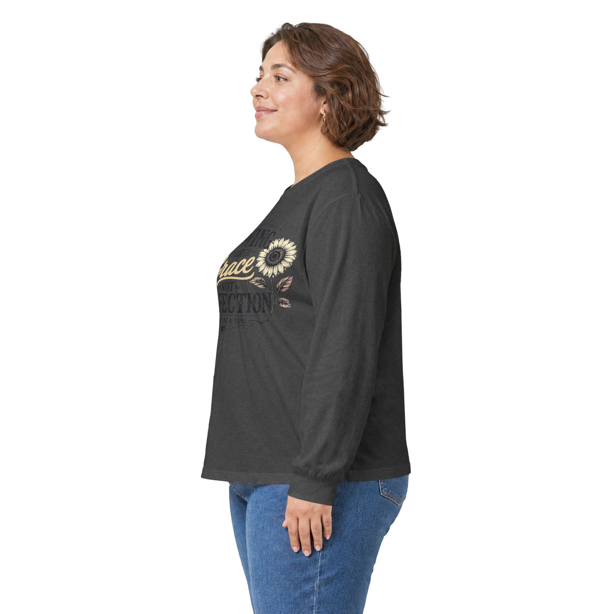 Growing Through Grace Long Sleeve Tee — Sunflower “Not Perfection” Inspirational Shirt