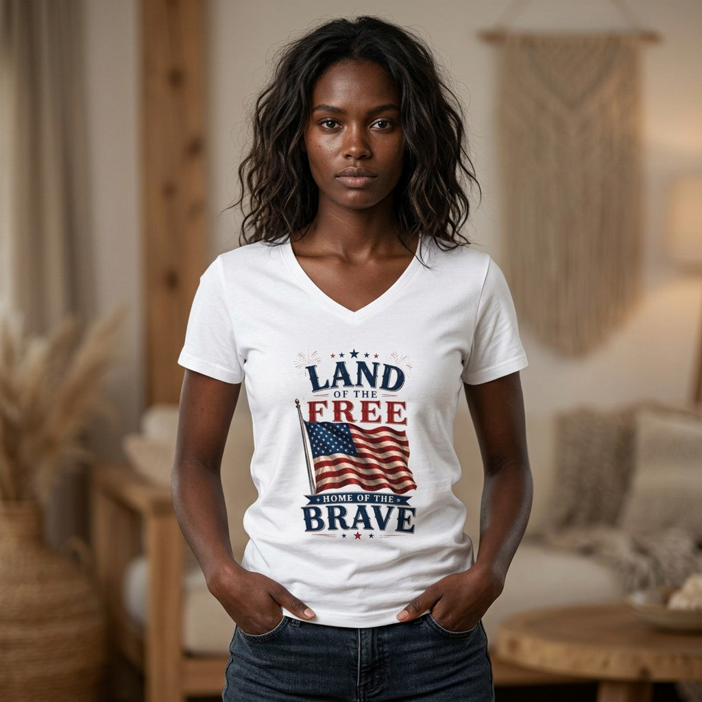 Patriotic V-Neck Tee - "Land of the Free, Home of the Brave" American Flag Shirt