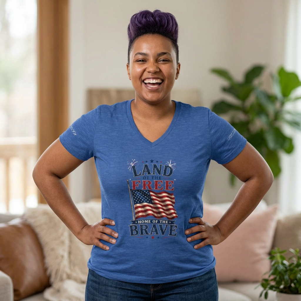 Patriotic V-Neck Tee - "Land of the Free, Home of the Brave" American Flag Shirt