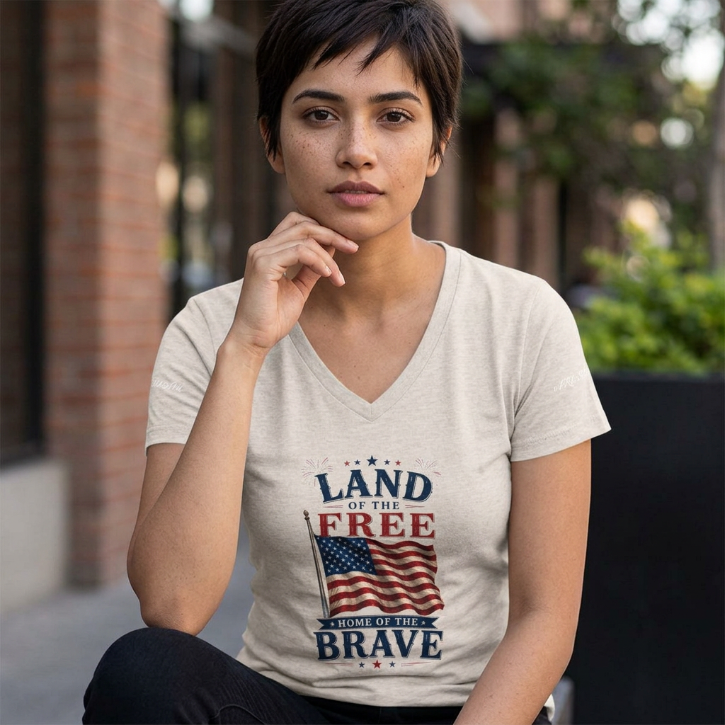 Patriotic V-Neck Tee - "Land of the Free, Home of the Brave" American Flag Shirt