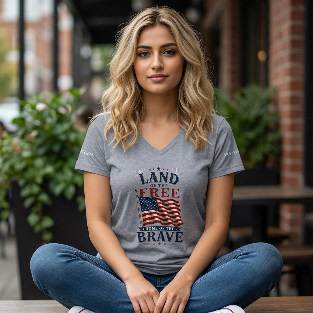 Patriotic V-Neck Tee - "Land of the Free, Home of the Brave" American Flag Shirt