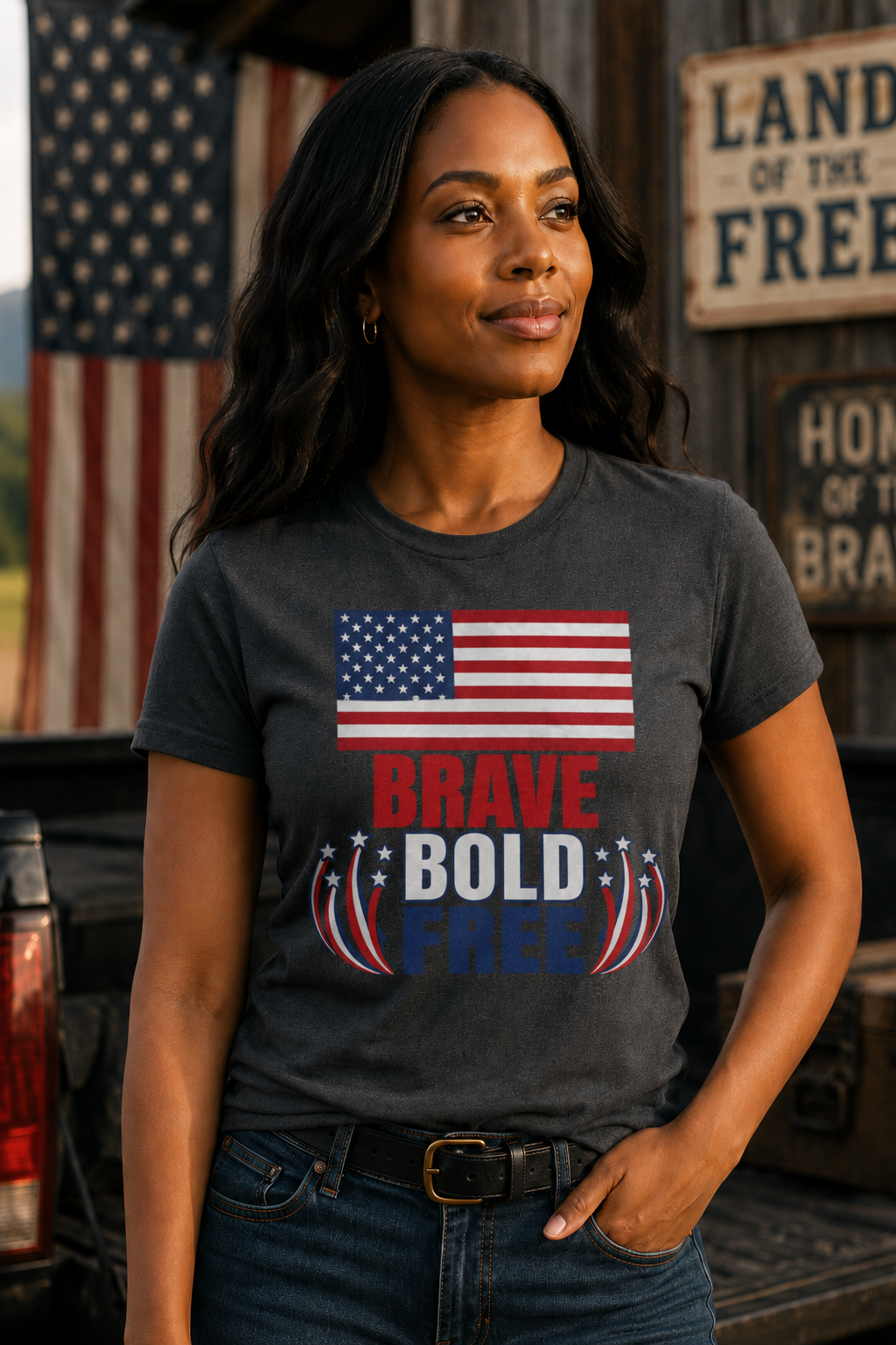 Brave Bold Free American Flag T-Shirt — Lightweight DTG Printed Patriotic Tee