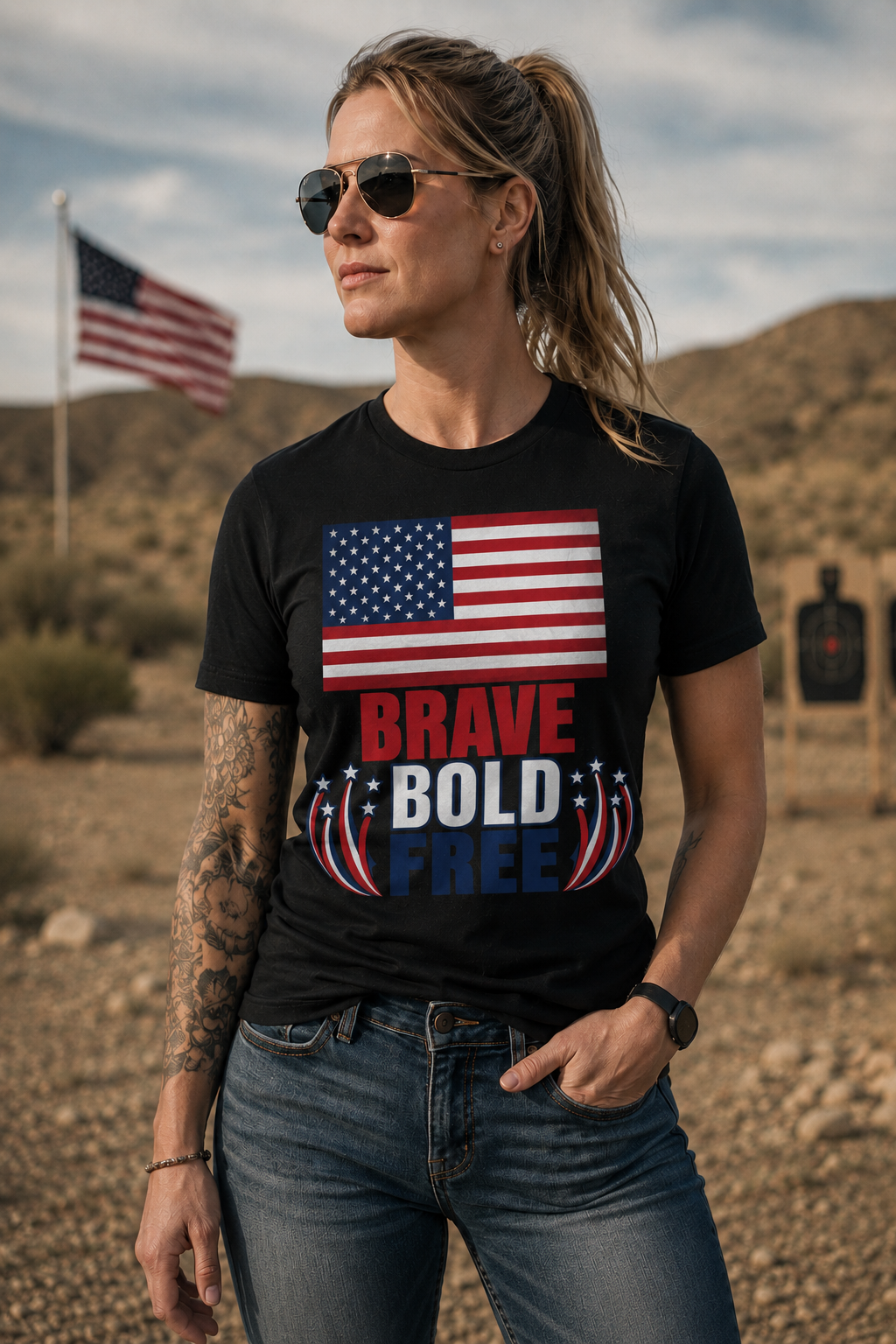 Brave Bold Free American Flag T-Shirt — Lightweight DTG Printed Patriotic Tee