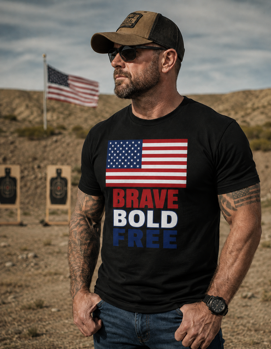 Powerful Patriotic T-Shirt — American Flag "Brave Bold Free" Graphic