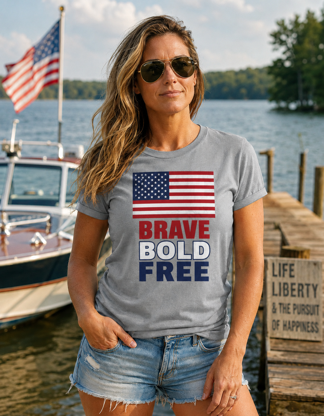 Powerful Patriotic T-Shirt — American Flag "Brave Bold Free" Graphic