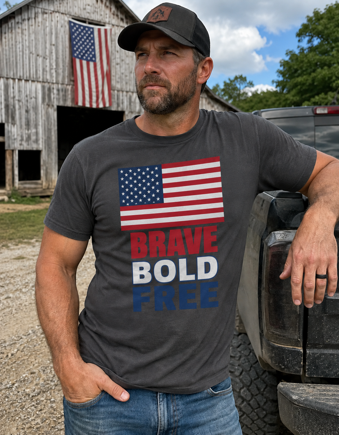 Powerful Patriotic T-Shirt — American Flag "Brave Bold Free" Graphic