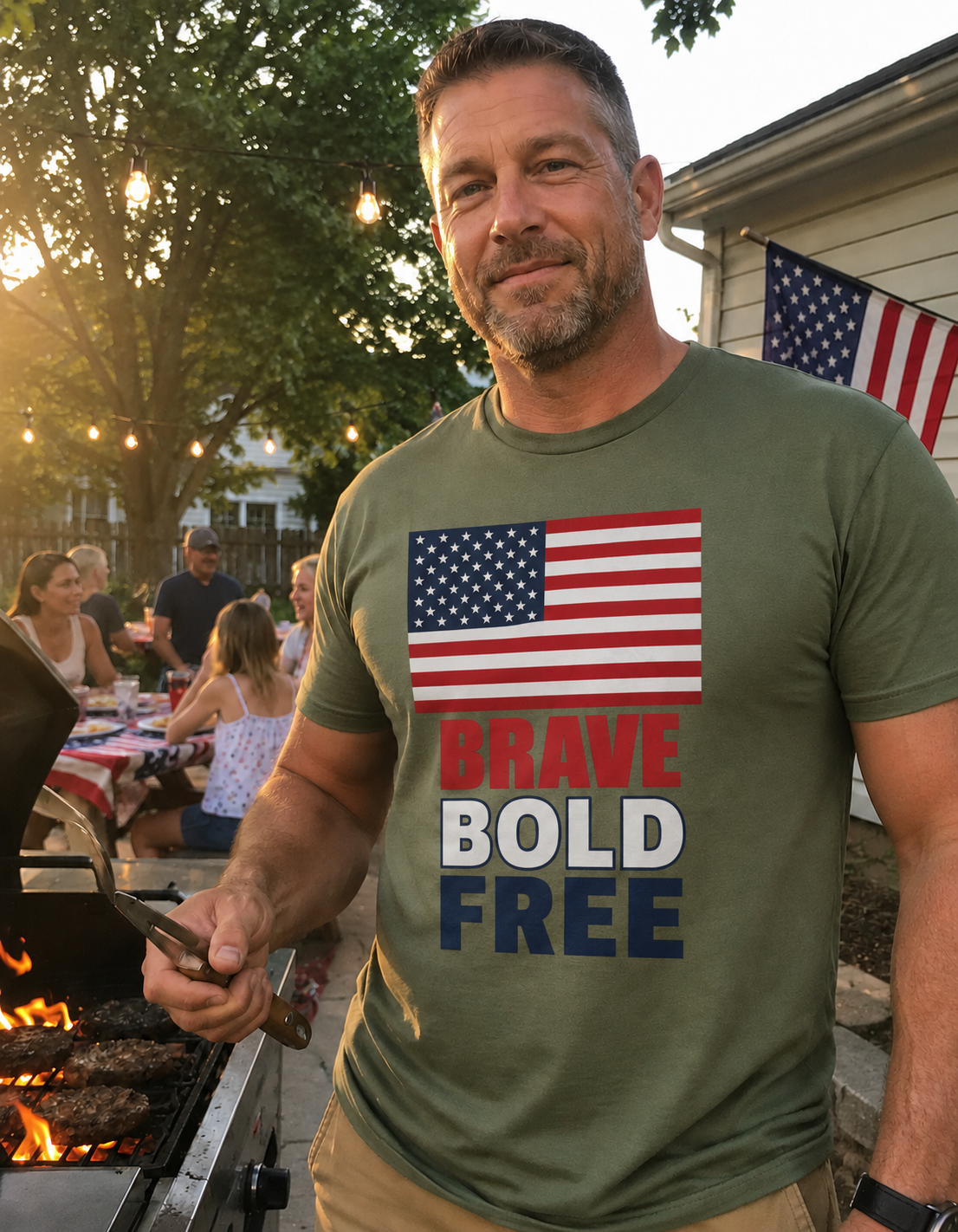 Powerful Patriotic T-Shirt — American Flag "Brave Bold Free" Graphic