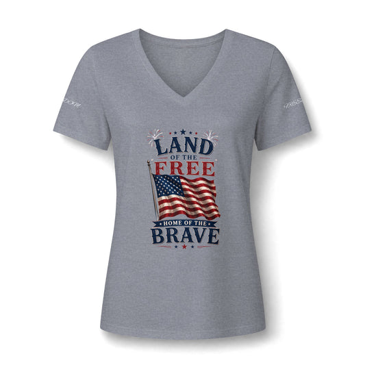 Patriotic V-Neck Tee - "Land of the Free, Home of the Brave" American Flag Shirt