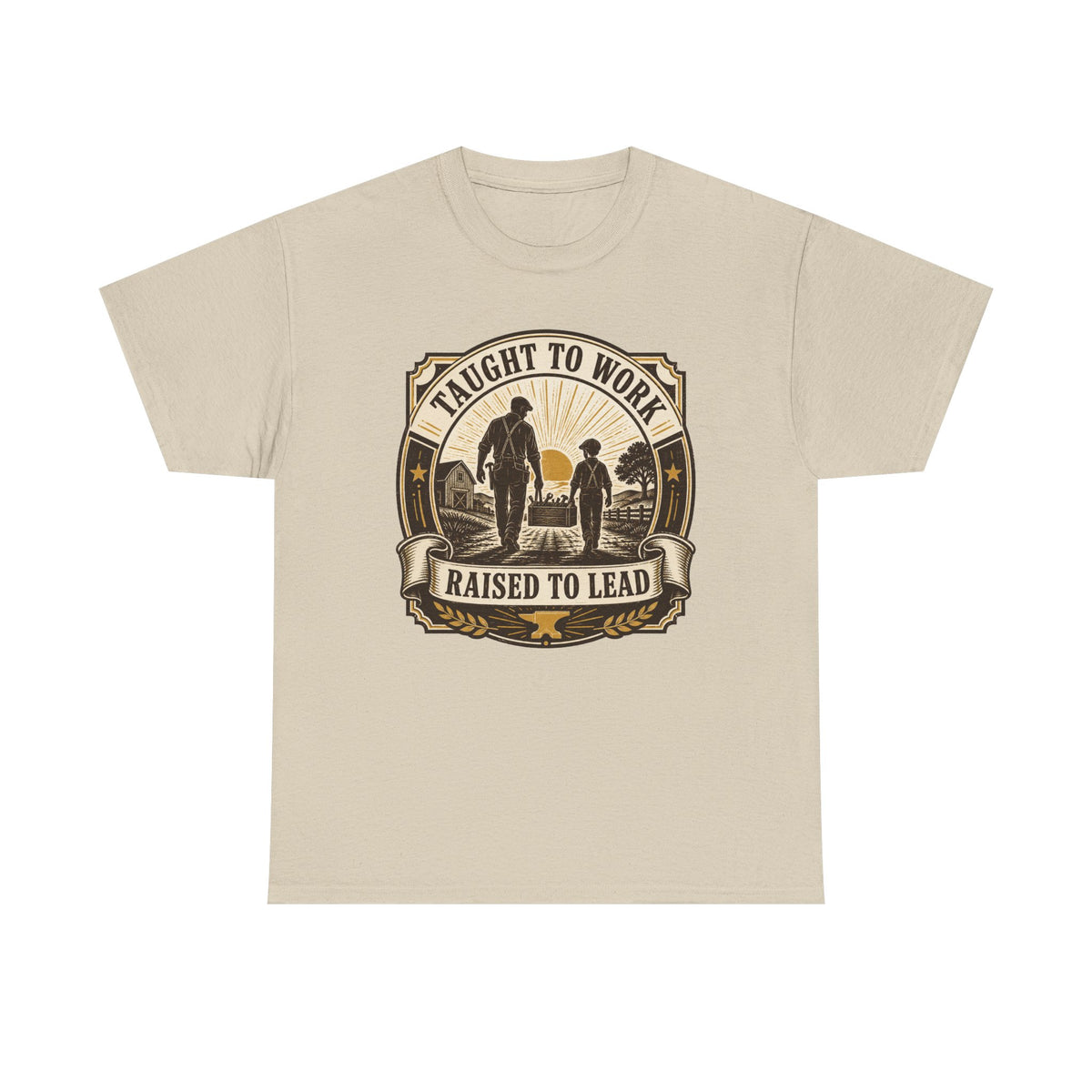 T-Shirt — "Taught to Work, Raised to Lead" Vintage Farming Dad Tee
