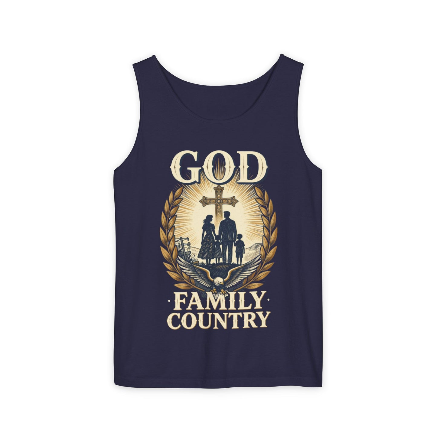 Tank Top — God Family Country Cross Silhouette Patriotic Faith Tee