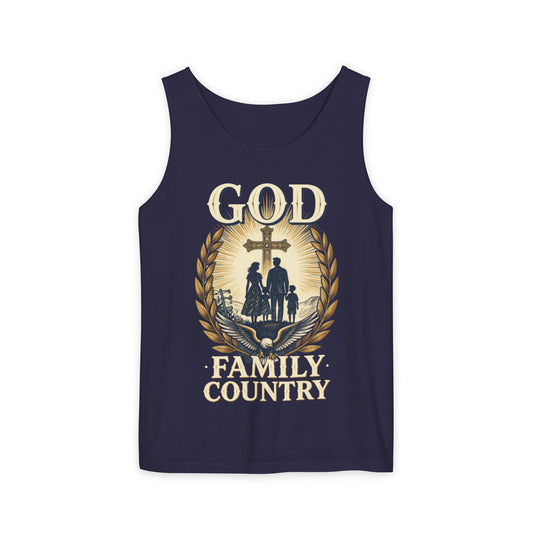 Tank Top — God Family Country Cross Silhouette Patriotic Faith Tee