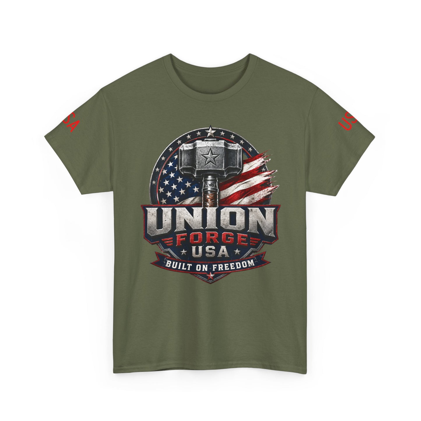 Patriotic Union Forge Tee — "Built on Freedom" USA Graphic T-Shirt