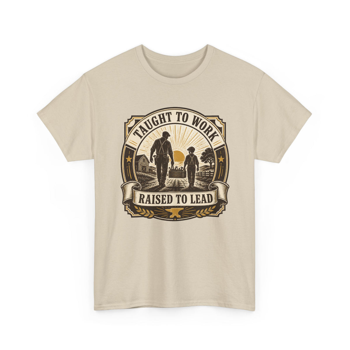 T-Shirt — "Taught to Work, Raised to Lead" Vintage Farming Dad Tee