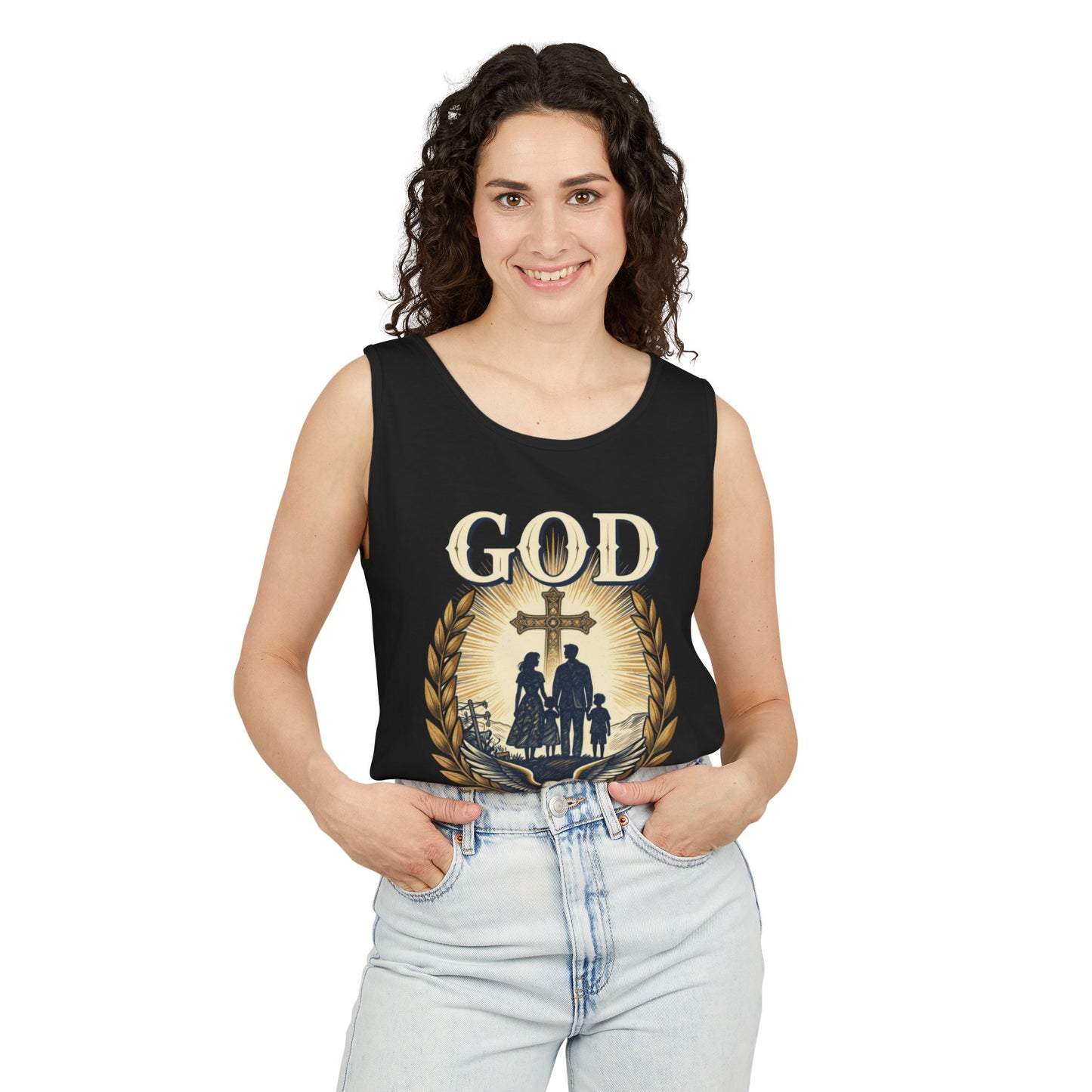Tank Top — God Family Country Cross Silhouette Patriotic Faith Tee