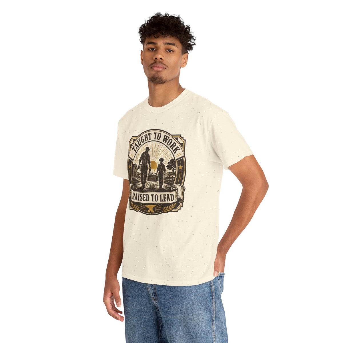 T-Shirt — "Taught to Work, Raised to Lead" Vintage Farming Dad Tee
