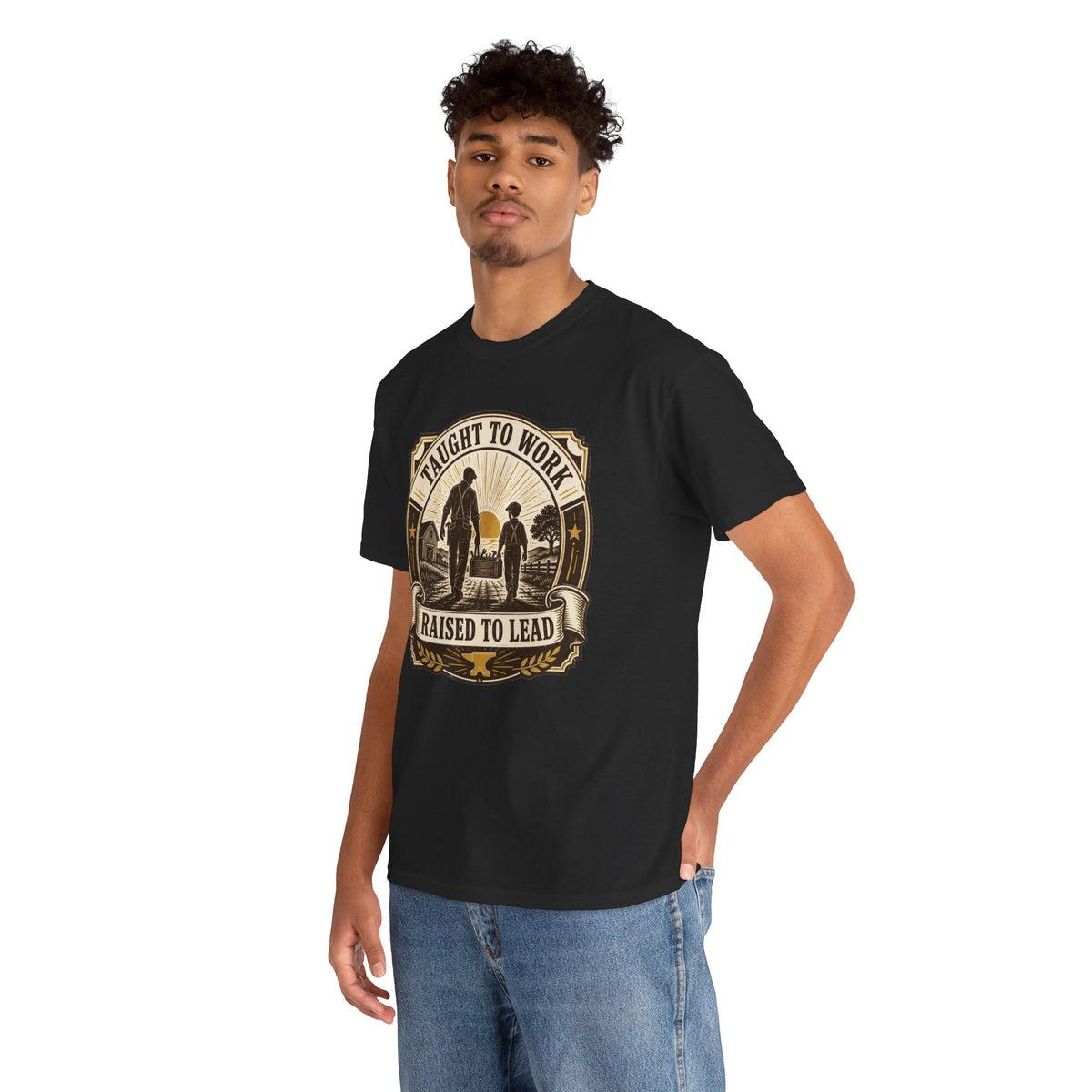 T-Shirt — "Taught to Work, Raised to Lead" Vintage Farming Dad Tee