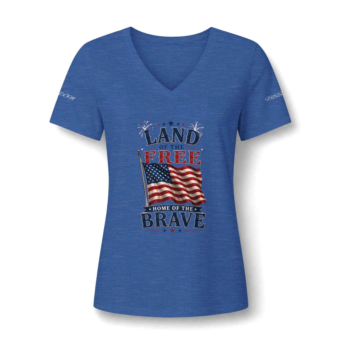 Patriotic V-Neck Tee - "Land of the Free, Home of the Brave" American Flag Shirt