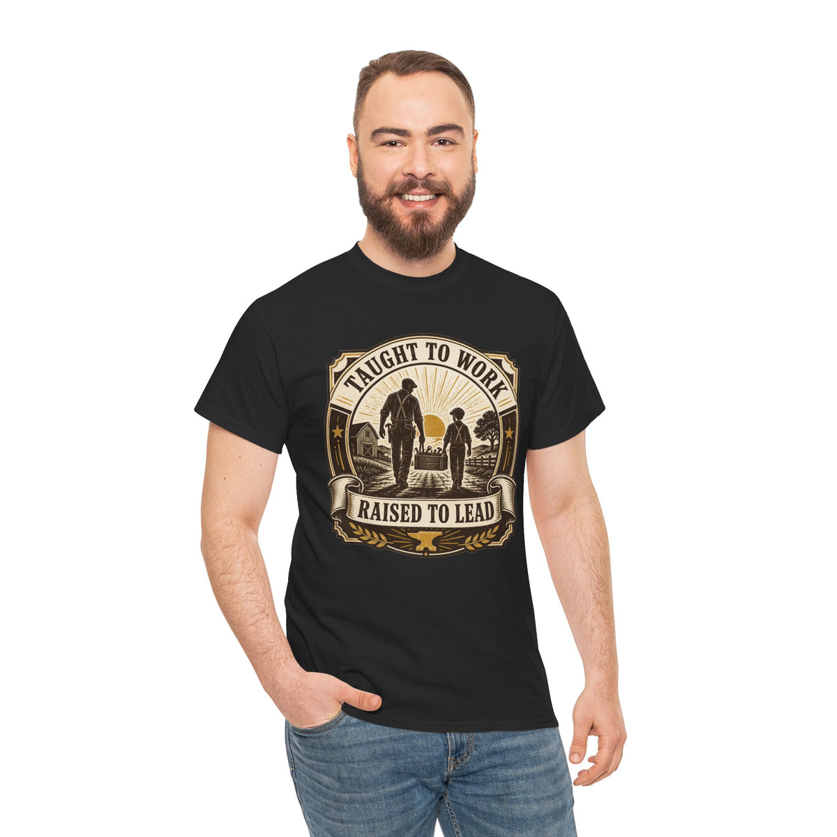 T-Shirt — "Taught to Work, Raised to Lead" Vintage Farming Dad Tee
