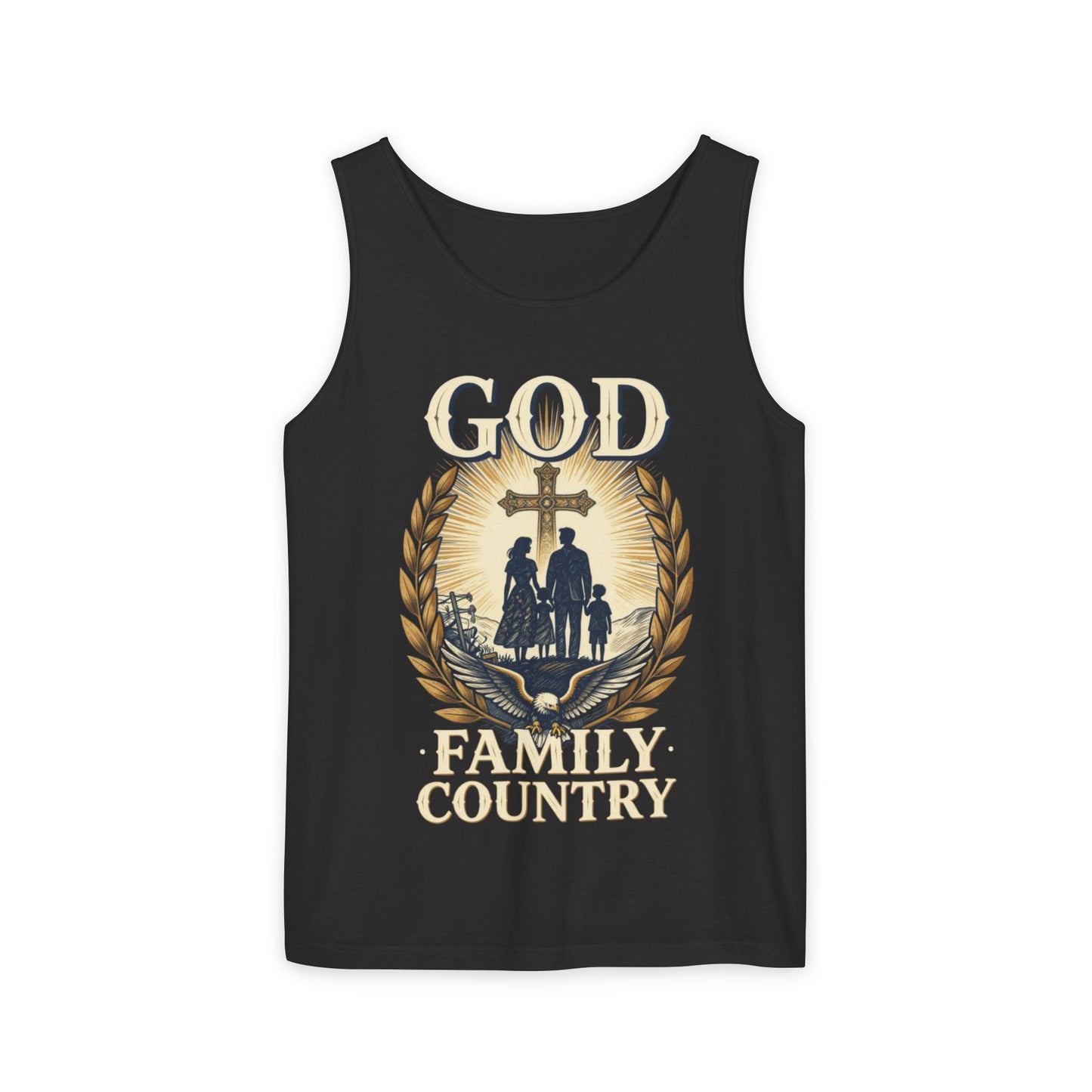 Tank Top — God Family Country Cross Silhouette Patriotic Faith Tee