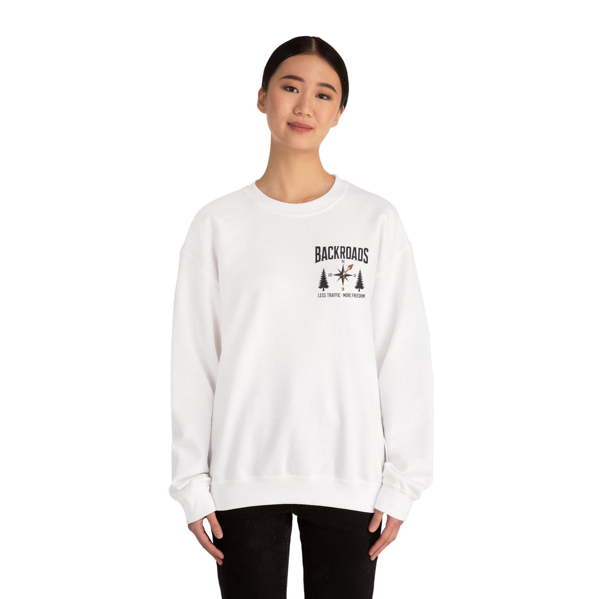 Backroads Crewneck Sweatshirt — "Less Traffic More Backroads" Scenic Road Trip Pullover