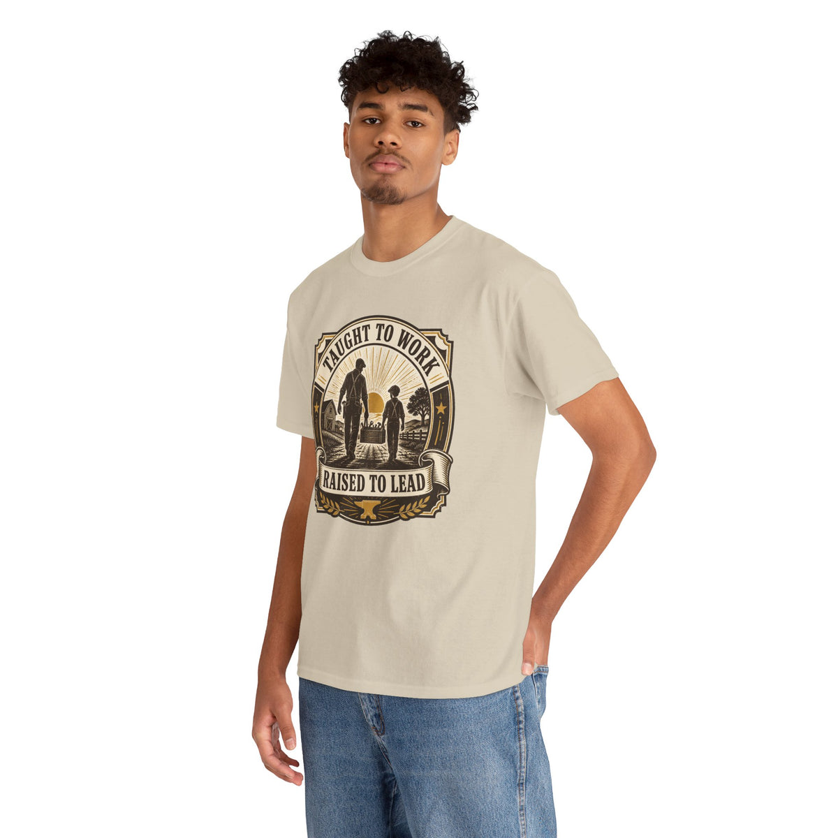 T-Shirt — "Taught to Work, Raised to Lead" Vintage Farming Dad Tee
